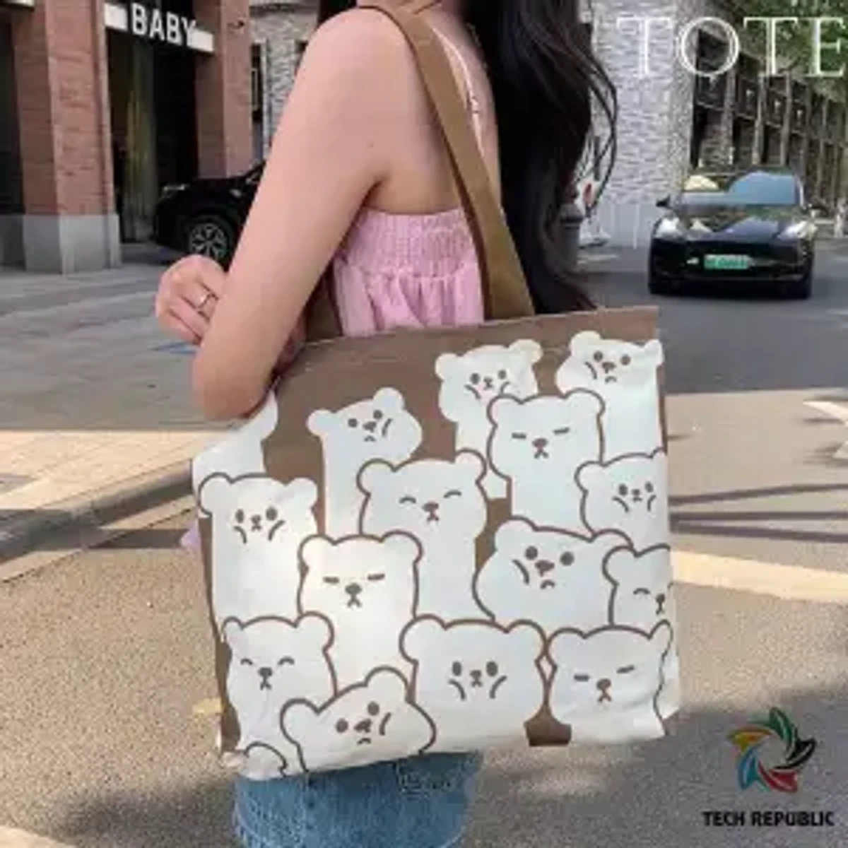 Top Handle Trendy Cute Bear Design Brown White Color Tote Canvas Bag, Stylish Canvas Bag, and Shoulder Bag